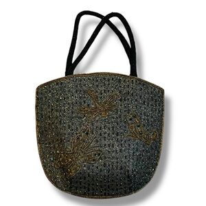 Vintage Amy 8 Chan NY Beaded Purse Butterflies Evening Bag Black Boho Artsy